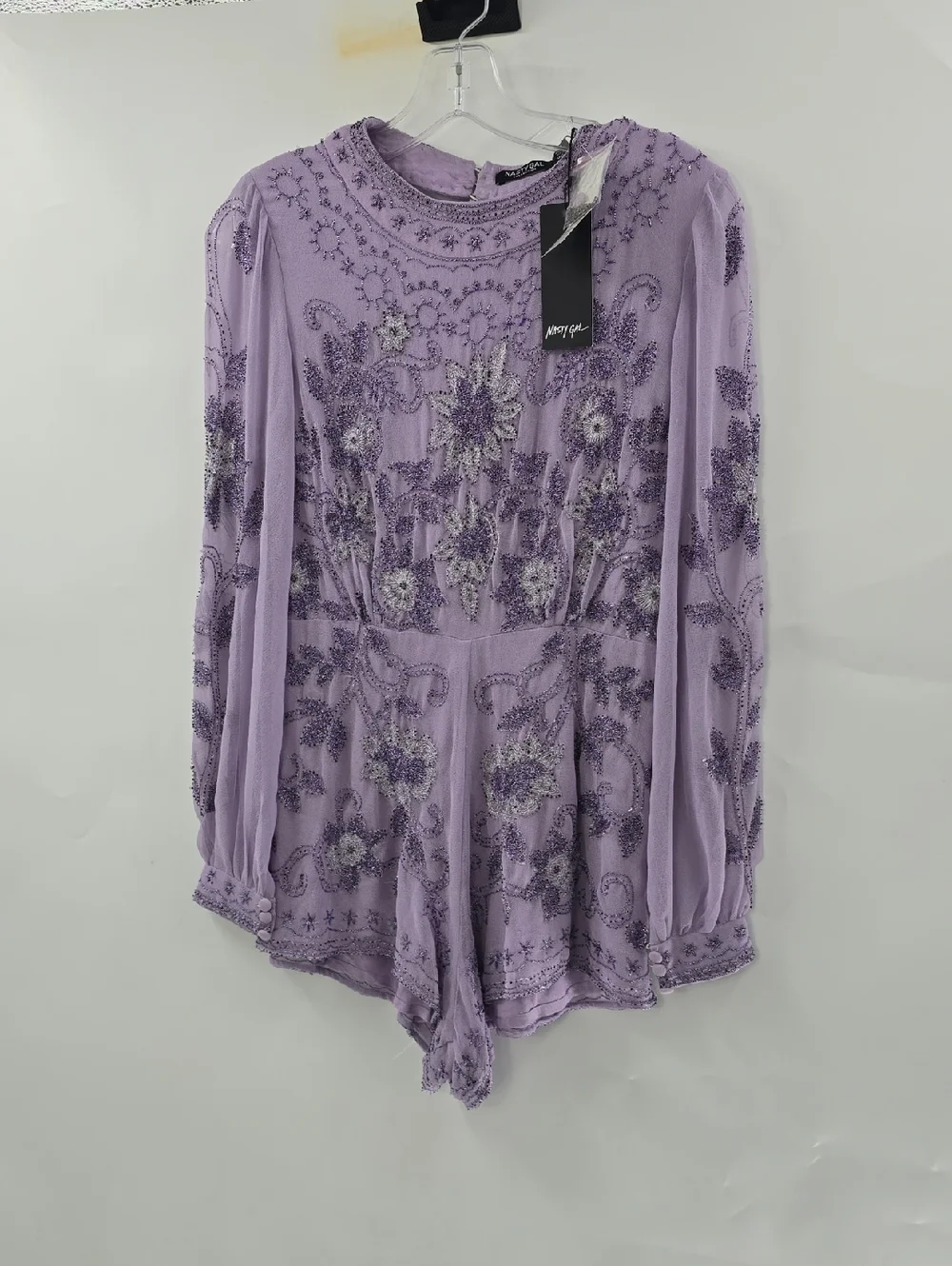 Nasty Fal Collection Beaded Embroidered Lavender Long-Sleeve Romper - Picture 5 of 12